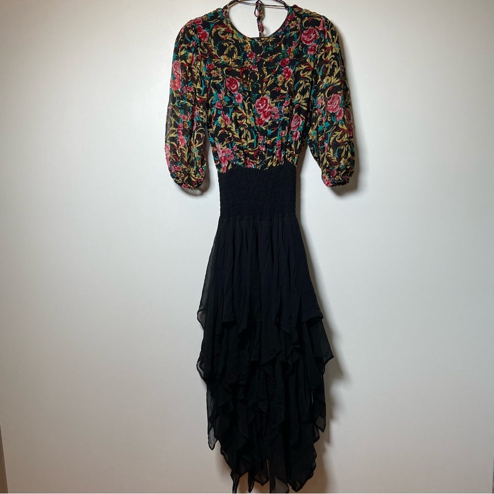 Diane Freis Silk Vintge 80s Dress Medium Boho Ruffle Romani